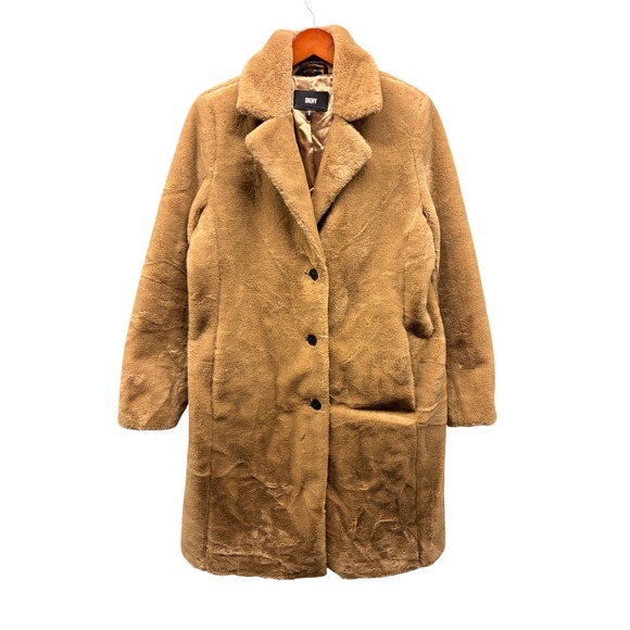 Dkny Jackets & Blazers - DKNY‎ Womens M Tan Faux Fur Coat Button Front Collar Soft Plush Winter Jacket